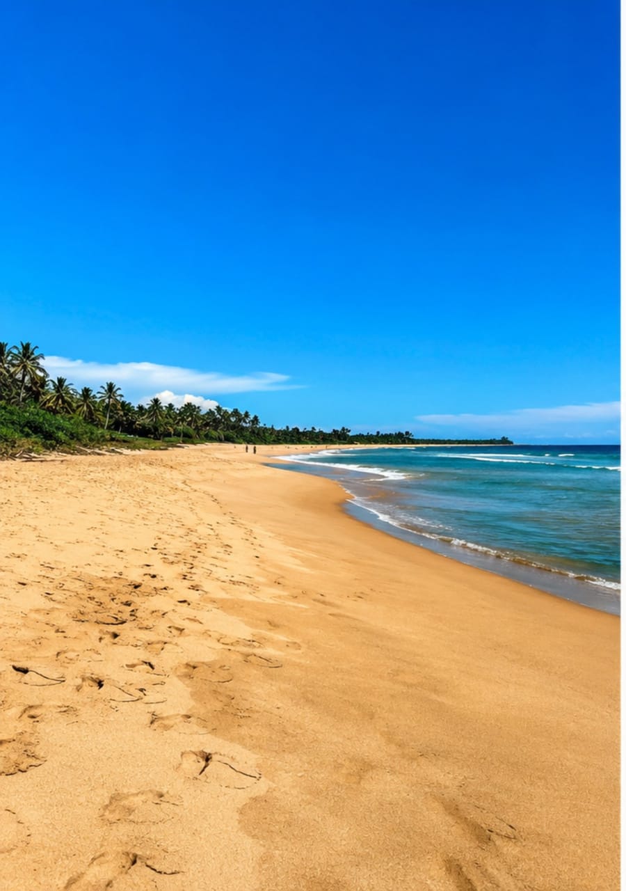Wide golden sand beach and turquoise ocean near Tangalle, Sri Lanka