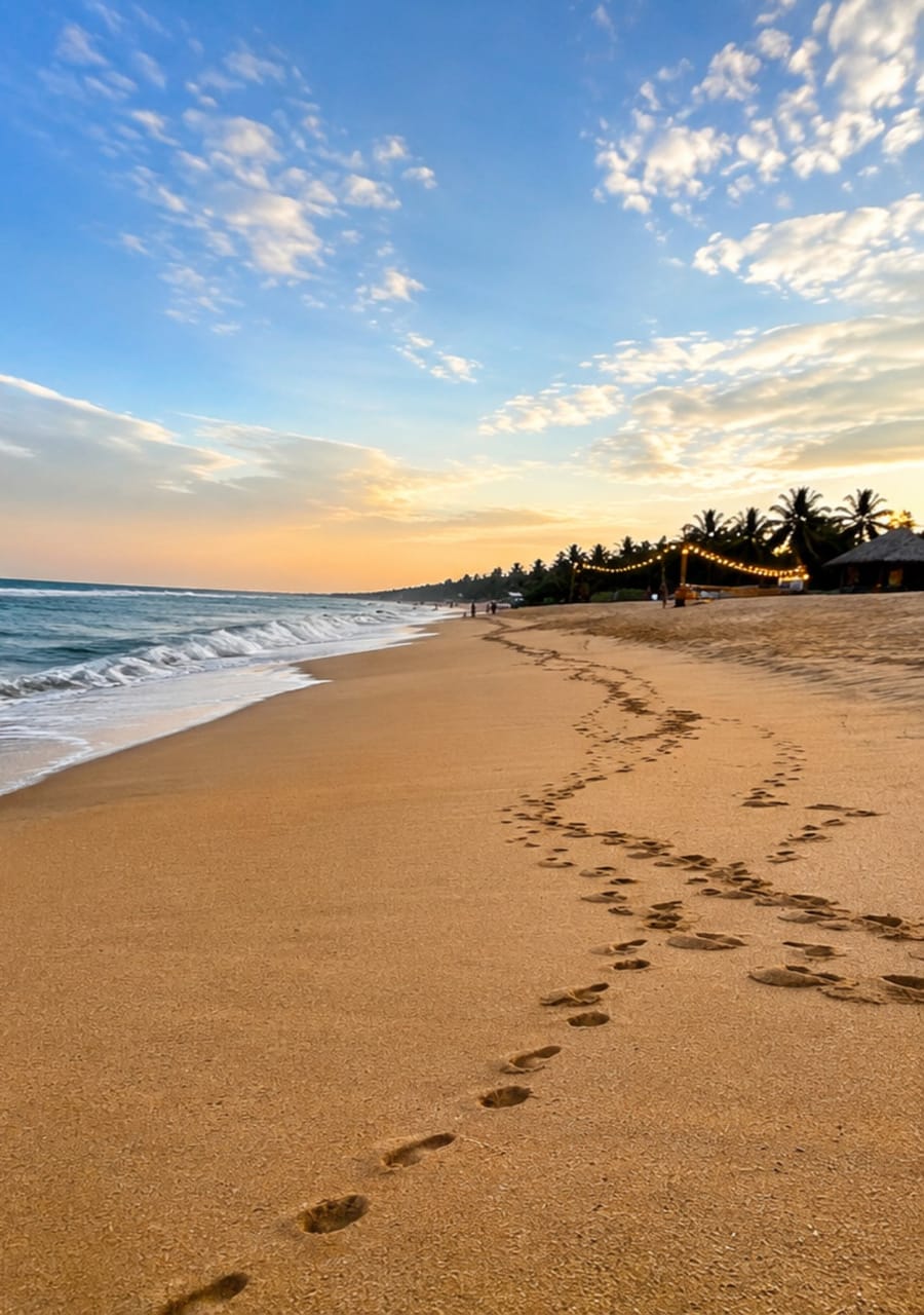 Footprints along the beach at sunset near Tangalle