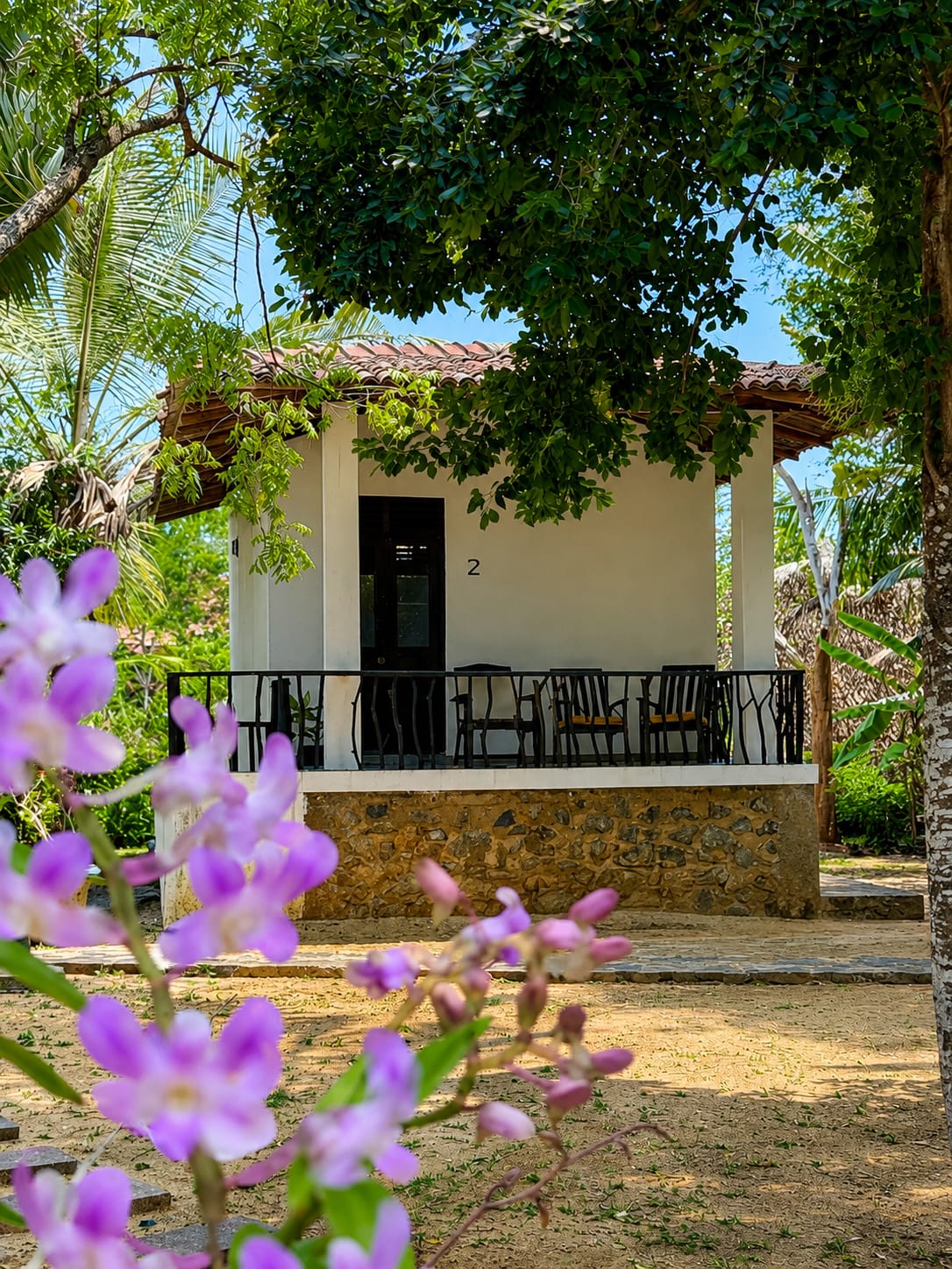 Bungalow terrace seen through purple flowers in the tropical garden