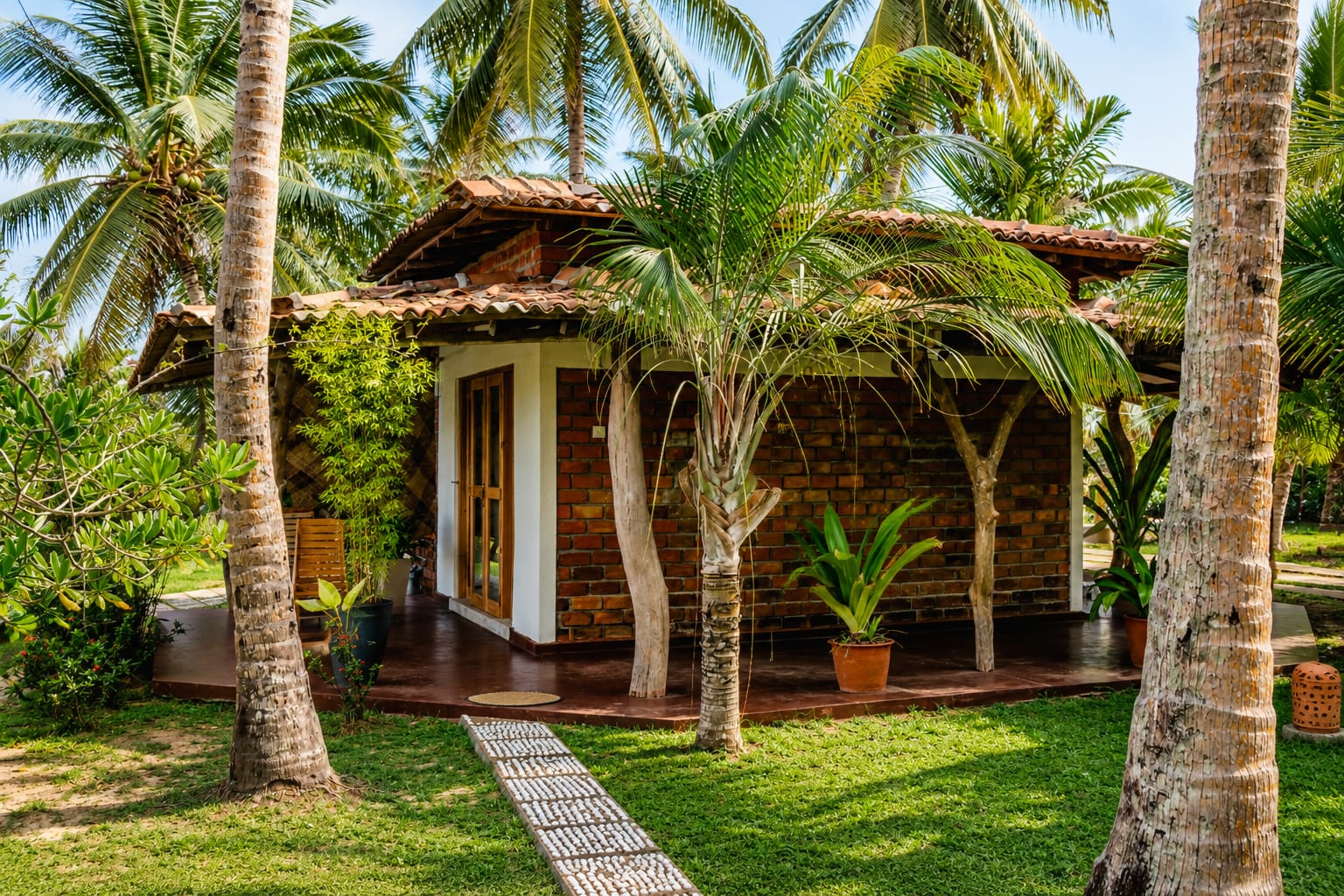 Brick and tile-roof bungalow surrounded by coconut palms and a pebble path